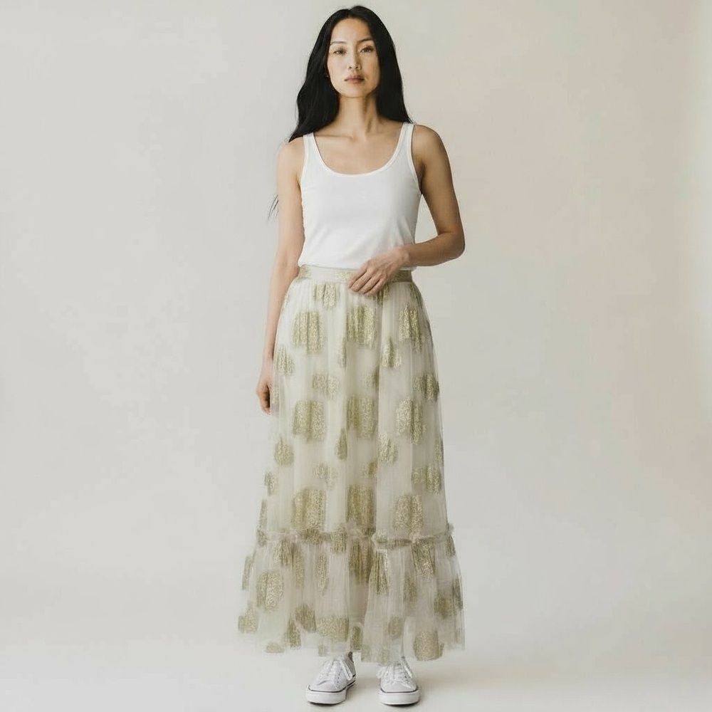 Saule Parc Ruffled Maxi Skirt Cream with Metallic Gold Floral Print Size XS NWOT